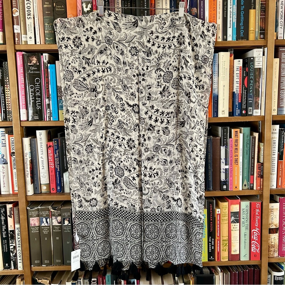 J. Jill Pure NWT Black Cream Floral Print Gauzy Tasseled Scarf